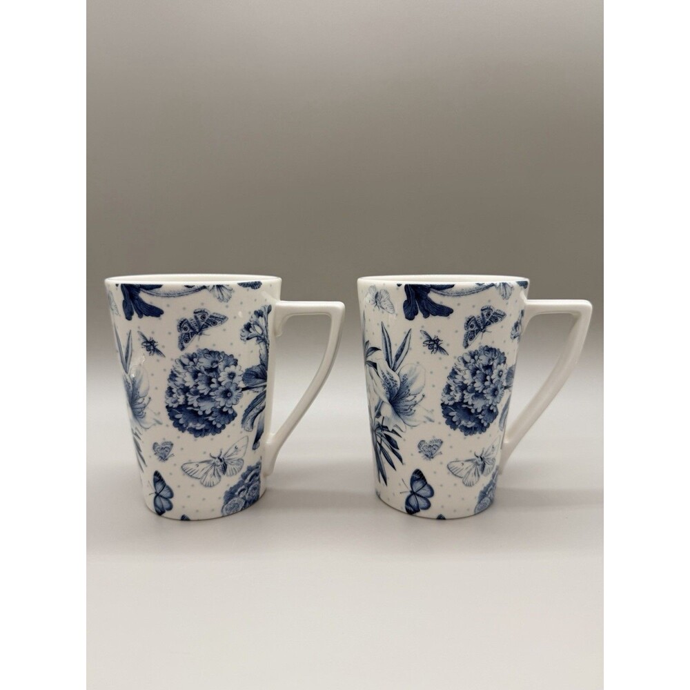 Portmeirion Botanic Blue Mugs Pair NWOT Discontinued HTF Tapered Geo Handle 14oz